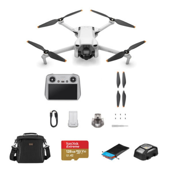 Dron DJI Mini 3 con Control Remoto Kit: tarjeta microSD 128GB, bolsa de transporte, luz anticolisión y plataforma de aterrizaje