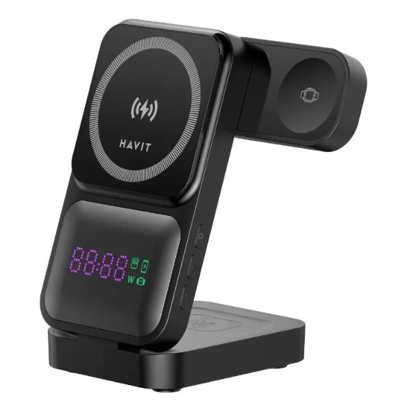Estación - de - Carga - Inalámbrica - Havit - W3107 - 3 - en - 1 - Pantalla - LED - Celular - 15W - Reloj - 2.5W - Audífonos - 5W - USB - C
