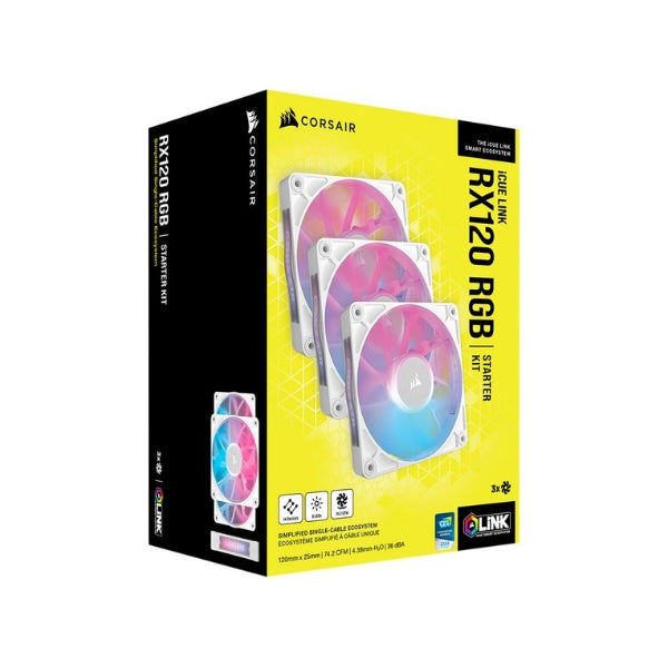 Fan-Cooler-Corsair-iCUE-LINK-RX120-RGB-Magnet-Dome-Bearing-120mm-Blanco-RGB-3-Pack