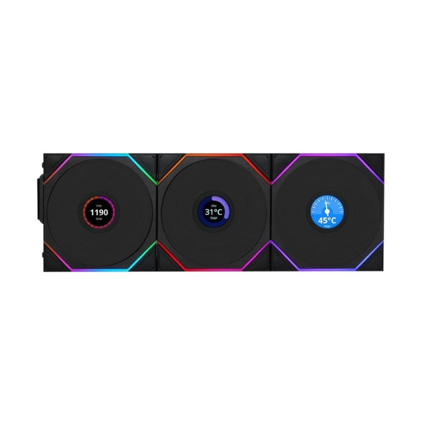 Fan-Cooler-Lian-Li-UNI-FAN-TL-LCD-FLEX-Fluid-Dynamic-Bearing-120mm-(3-Pack)-Negro-RGB