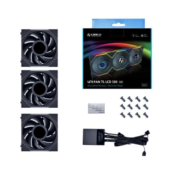 Fan-Cooler-Lian-Li-UNI-FAN-TL-LCD-FLEX-Fluid-Dynamic-Bearing-120mm-(3-Pack)-Negro-RGB