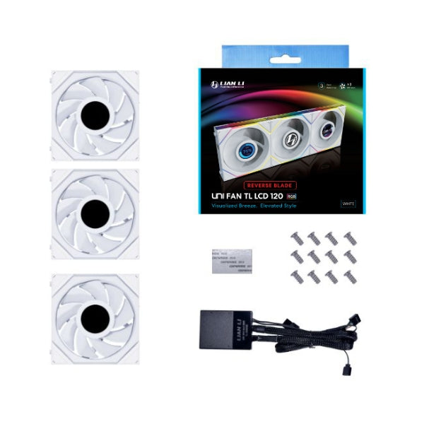 Fan-Cooler-Lian-Li-UNI-FAN-TL-LCD-FLEX-Reverse-Blade-Fluid-Dynamic-Bearing-120mm-(3-Pack)-Blanco-RGB