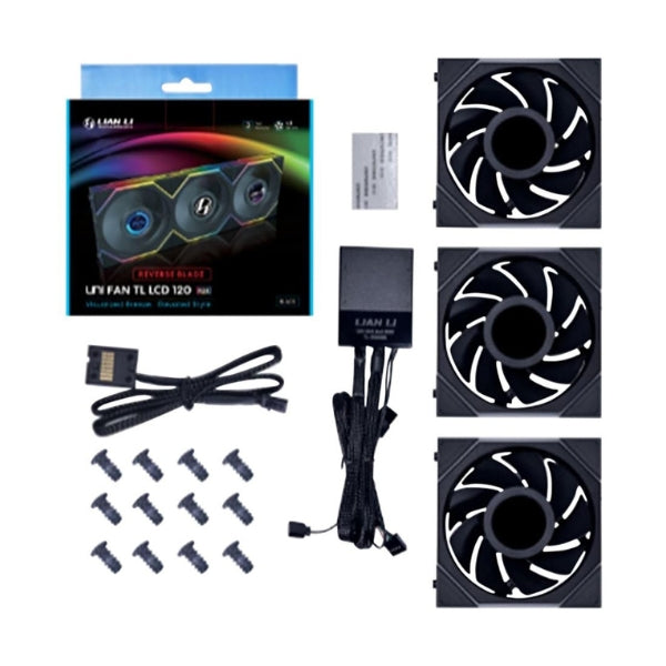 Fan-Cooler-Lian-Li-UNI-FAN-TL-LCD-FLEX-Reverse-Blade-Fluid-Dynamic-Bearing-120mm-(3-Pack)-Negro-RGB
