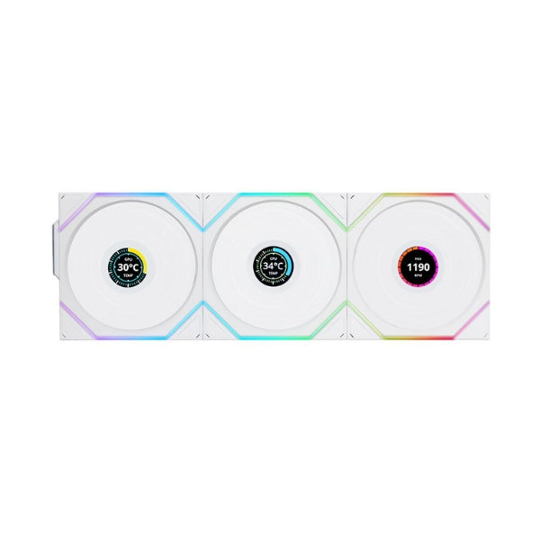 Fan-Cooler-Lian-Li-UNI-FAN-TL120-V2-LCD-Reverse-Blade-Wireless-Fluid-Dynamic-Bearing-120mm-Blanco-RGB-3-Pack