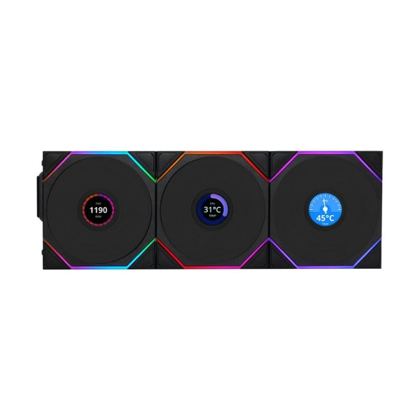 Fan-Cooler-Lian-Li-UNI-FAN-TL120-V2-LCD-Reverse-Blade-Wireless-Fluid-Dynamic-Bearing-120mm-Negro-RGB-3-Pack