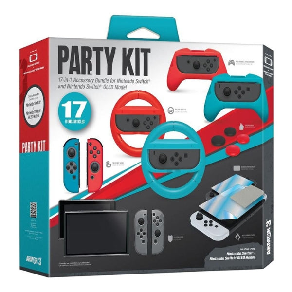 Kit - Gaming - Armor3 - Party - Kit - Switch - Switch - OLED - Silicone - Skins - Pro - Handle - Racing - Wheels - Thumb - Grips - Screen - Protector - M07532 - Azul - Rojo