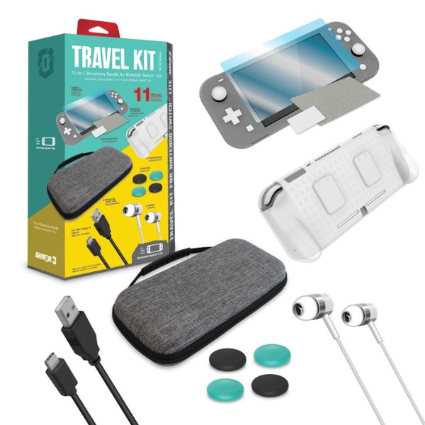 Kit - Gaming - Armor3 - Travel - Kit - Nintendo - Switch - Lite - 11 - en - 1 - Case - Screen - Protector - Thumb - Grips - Earbuds - USB-C - M07416 - Gris - Negro - Verde