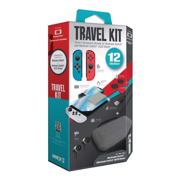 Kit - Gaming - Armor3 - Travel - Kit - Nintendo - Switch - Switch - OLED - Case - Cable - Type-C - Thumb - Grips - Screen - Protector - Earbuds - M07533 - Gris - Azul - Rojo