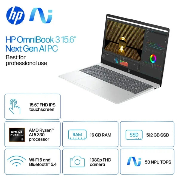Laptop-HP-OmniBook-3-Copilot+-PC-Touchscreen-AMD-Ryzen-AI-5-330-(4,5GHz)-16GB-RAM-512GB-SSD-15,6-AMD-Radeon-Glacier-Silver