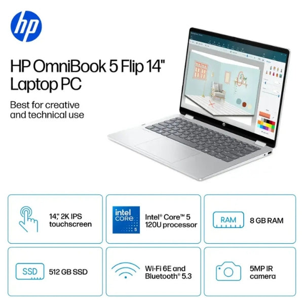 Laptop-HP-OmniBook-5-Flip-2-en-1-Touchscreen-Intel-Core-5-Series-1-8GB-RAM-512GB-SSD-14-Intel-Graphics-Glacier-Silver
