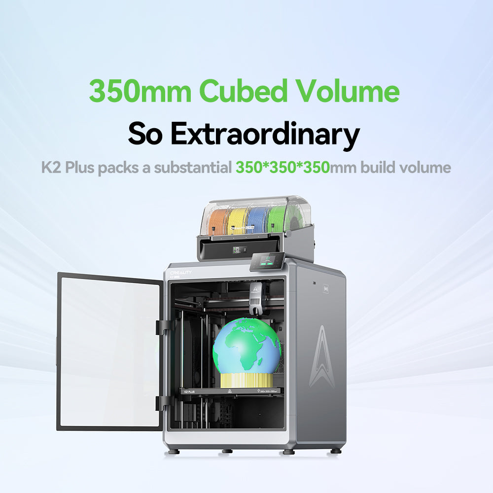 Impresora 3D Creality K2 Plus: volumen 350×350×350 mm, impresión multicolor, extrusor de tracción directa y funciones de