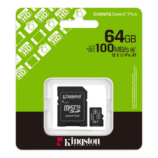 MemoriaMicroSD-Kingston-CanvasSelectPlus-64GB-Clase10-UHS-I-U1-A1-100MBs-SDCS364GB-TW-Negro-Vista_1