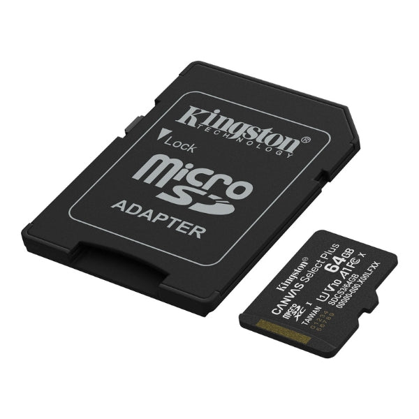 MemoriaMicroSD-Kingston-CanvasSelectPlus-64GB-Clase10-UHS-I-U1-A1-100MBs-SDCS364GB-TW-Negro-Vista_2
