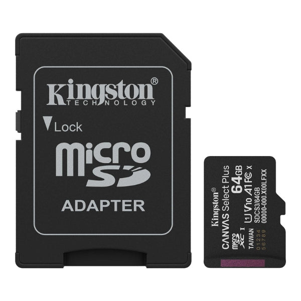 MemoriaMicroSD-Kingston-CanvasSelectPlus-64GB-Clase10-UHS-I-U1-A1-100MBs-SDCS364GB-TW-Negro-Vista_3