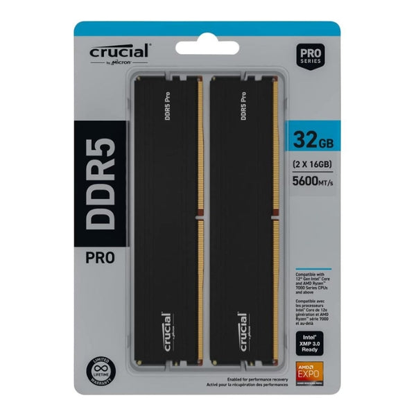 Memoria RAM - DDR5 - Crucial Pro - 32GB (2x16GB) - DDR5-5600 - PC5-44800 - CL46 - Dual Channel - Non-ECC - CP2K16G56C46U5 - Negro