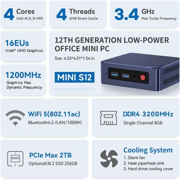 Mini PC Beelink Mini S12 - Intel N95 (12ª generación) - 16GB RAM - 500GB SSD - Dual HDMI 4K UHD - WiFi5 - BT4.2