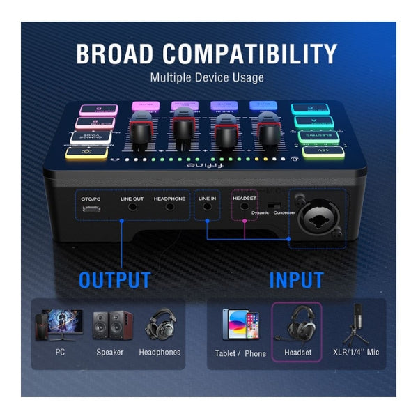 Mixer de Audio FiFine SC3 Gaming USB XLR 3.5mm Para Streaming y Podcast