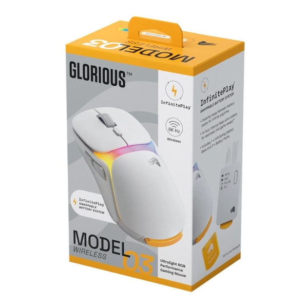 Mouse - Gaming - Glorious - Model - O3 - Wireless - Blanco - Inalámbrico - RF - Bluetooth - USB - RGB - Óptico - BAMF - 3.0 - 30K - 30000 - DPI - 8000Hz - 130 - Horas - 66g - GLO-O3-WL-WHT - Blanco
