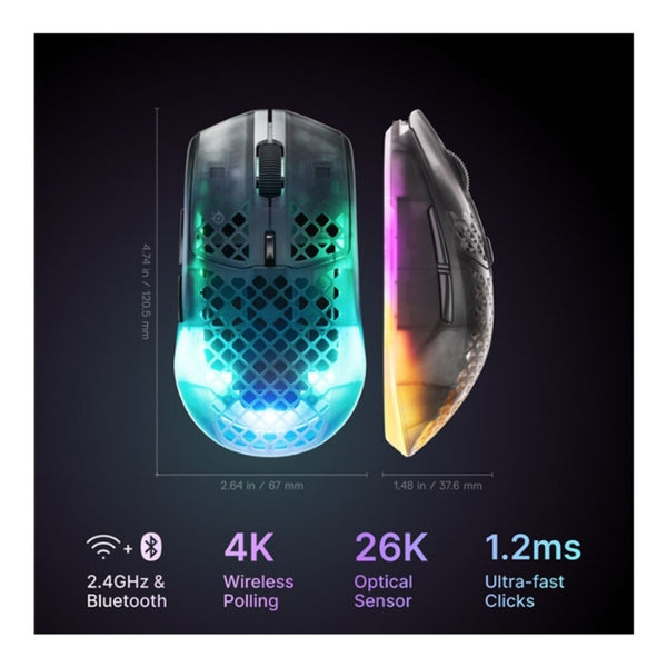 Mouse - Gaming - SteelSeries - Aerox - 3 - Wireless - Gen - 2 - Shadow - Inalámbrico - Bluetooth - RF - RGB - TrueMove - 26K - 26000 - DPI - 4000Hz - 62717 - Negro