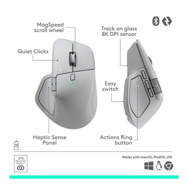 Mouse - Logitech - MX - Master - 4 - Wireless - Ergonómico - Bluetooth - USB-C - Bolt - Darkfield - 8000 - DPI - MagSpeed - 8 - Botones - 910-007559 - Pale - Gray
