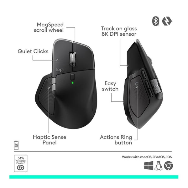 Mouse - Logitech - MX - Master - 4 - Wireless - Ergonómico - Bluetooth - USB-C - Bolt - Darkfield - 8000 - DPI - MagSpeed - 8 - Botones - 910-007560 - Negro