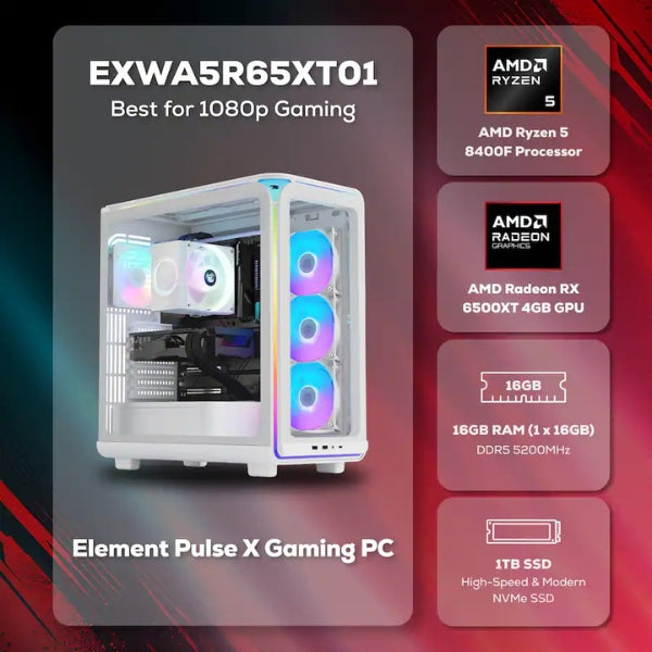 Pc-Gaming-iBUYPOWER-Element-AMD-Ryzen-5-8400F-(4,7-GHz)-16-GB-DDR5-RGB-1-TB-SSD-AMD-Radeon-RX-6500-XT-4GB-600-W-Win-11-Home-White