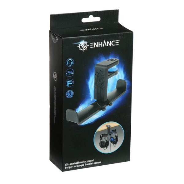 Soporte-Doble-para-Audífonos-Gamer-Accessory-Power-ENHANCE-Clip-On-Desk-Rotación-360-Organizador-de-Cables-ENUNHPD100BKEW-Negro