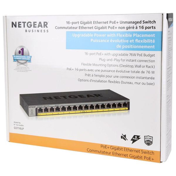 Switch PoE NETGEAR GS116LP Gigabit Ethernet 16 Puertos Unmanaged PoE+ – GS116LP-100NAS