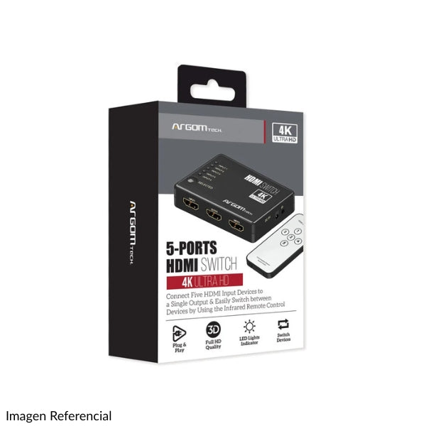 Switch HDMI - Argom ARG-AV-5125 - 5 Puertos - 4K 60Hz - Control Remoto IR - HDMI 2.0 - Negro-caja