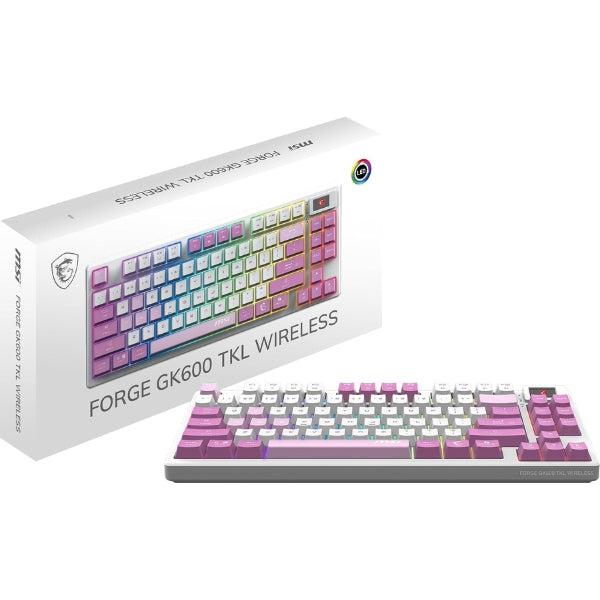 Teclado Gamer MSI FORGE GK600 TKL Wireless Mecánico RGB - Switches Lineales Hot Swap - Bluetooth 2.4GHz USB Tipo-C - Inglés - Violeta Blanco - S11-43CEP01-HH9