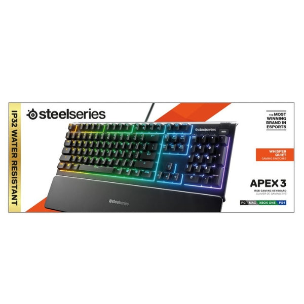 Teclado - Gaming - SteelSeries - Apex - 3 - RGB - Cableado - USB - IP32 - Anti - Ghosting - Wrist - Rest - Whisper - Quiet - 104 - Teclas - 64795 - Negro