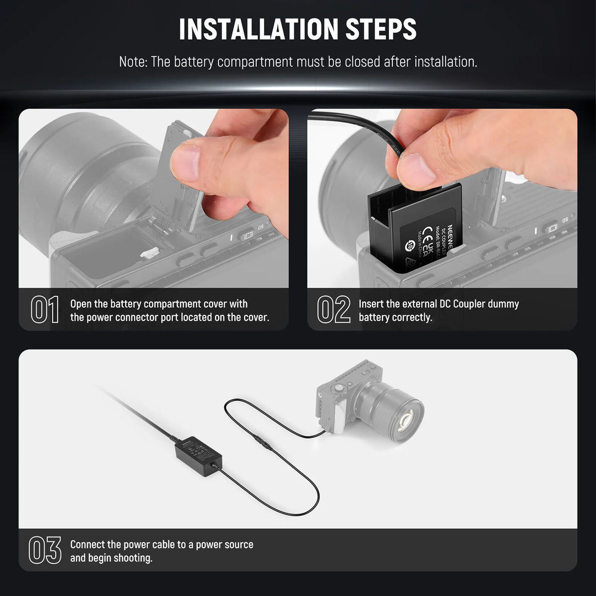 Adaptador de Corriente Neewer DMW-BLC12 Dummy Coupler y Kit - vista trasera