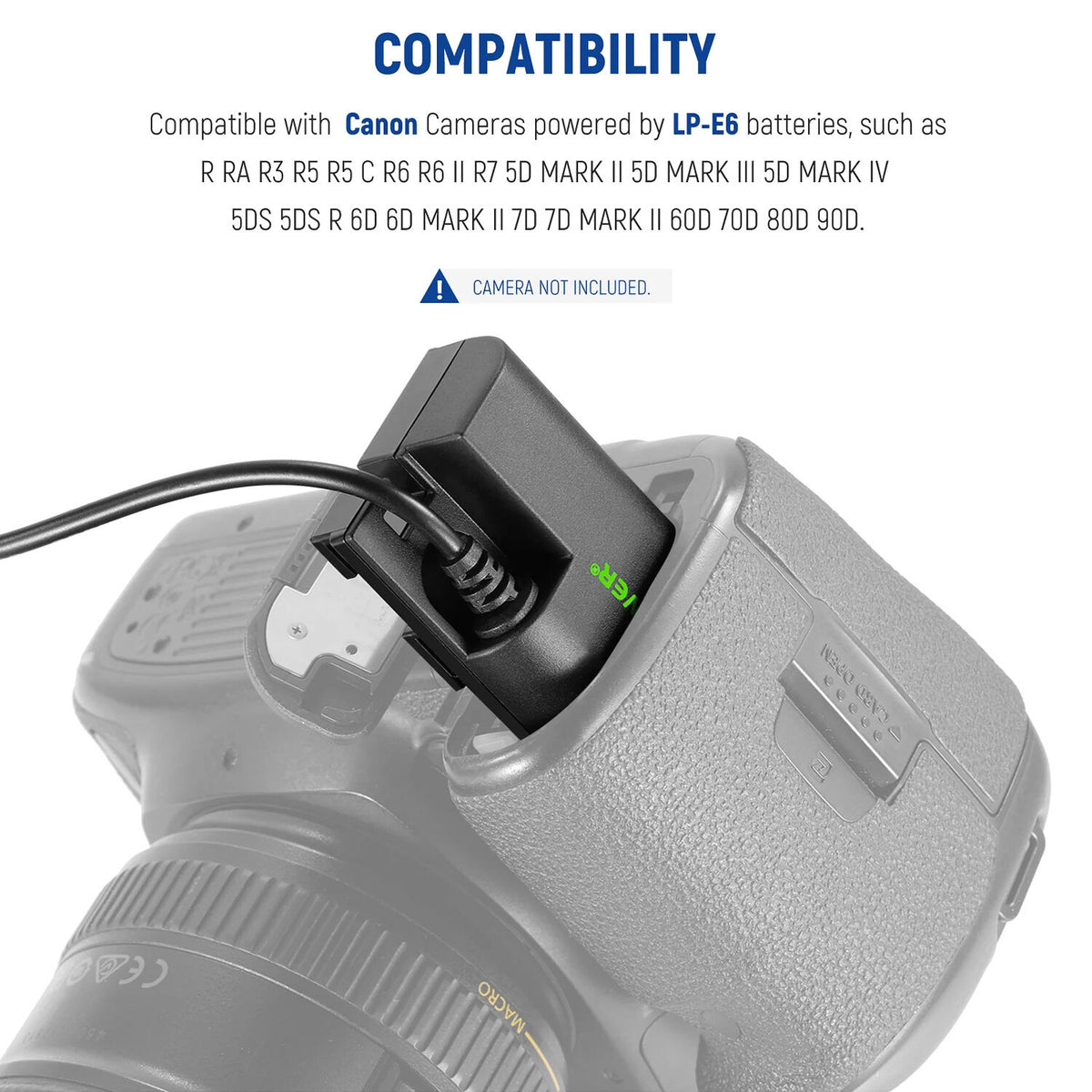 Adaptador de Corriente Neewer LP-E6 Dummy y Kit - vista frontal
