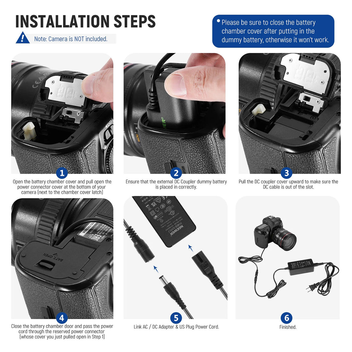 Adaptador de Corriente Neewer LP-E6 Dummy y Kit - vista trasera