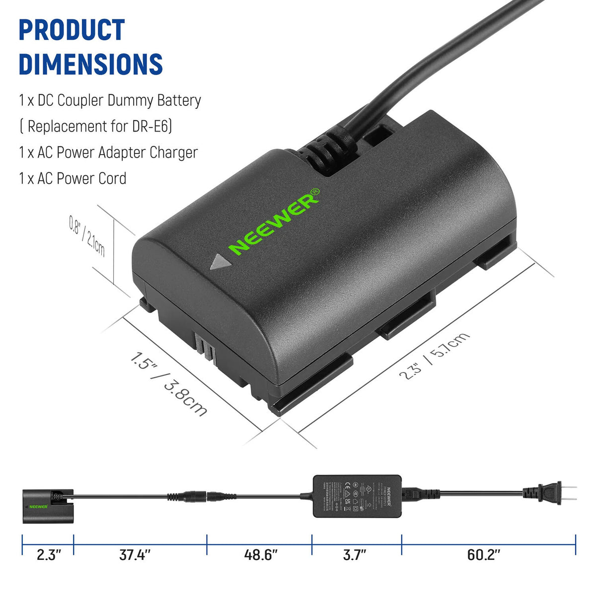 Adaptador de Corriente Neewer LP-E6 Dummy y Kit - detalle