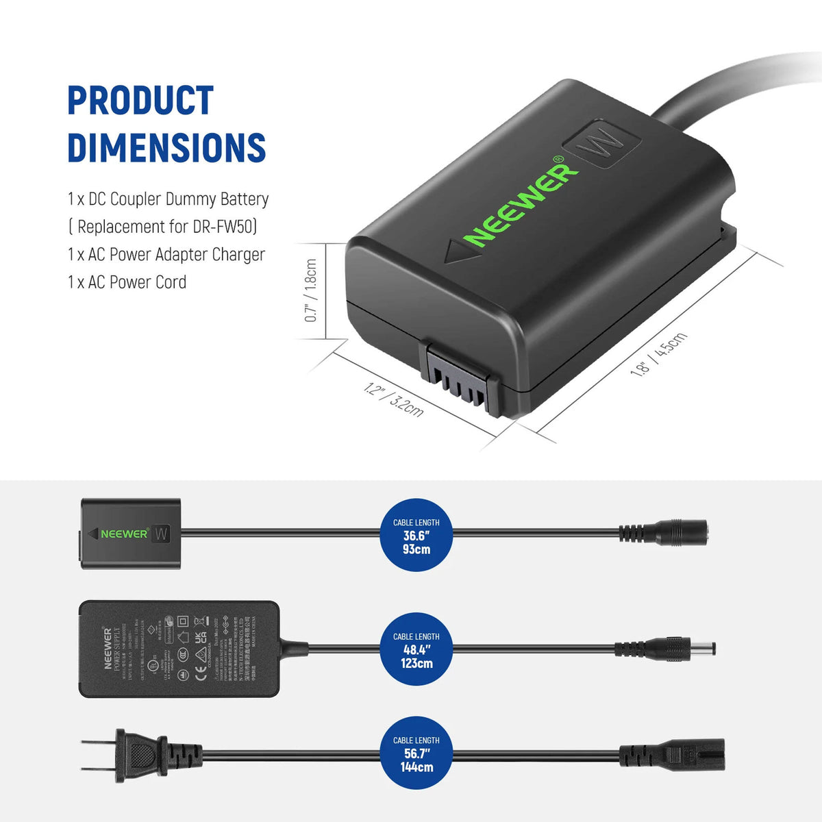 Adaptador de Corriente Neewer Sony NP-FW50 Dummy AC Kit - contenido de la caja
