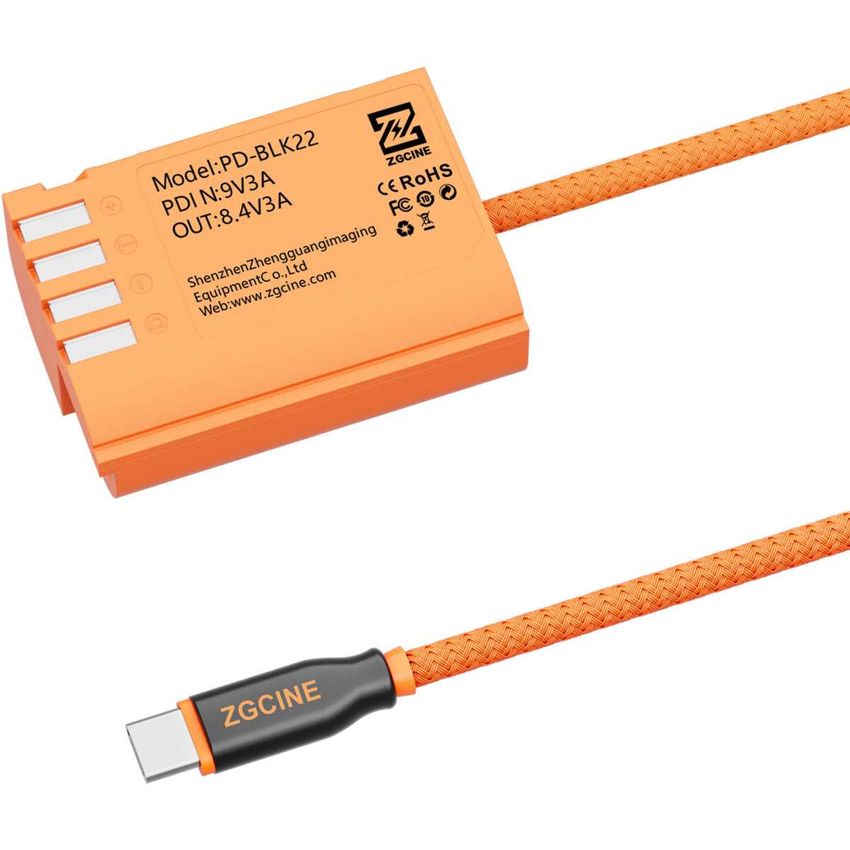 Adaptador de Corriente ZGCINE PD-BLK22 USB-C to DMW-BLK22 Braided Dummy Cable (23.6") - vista lateral