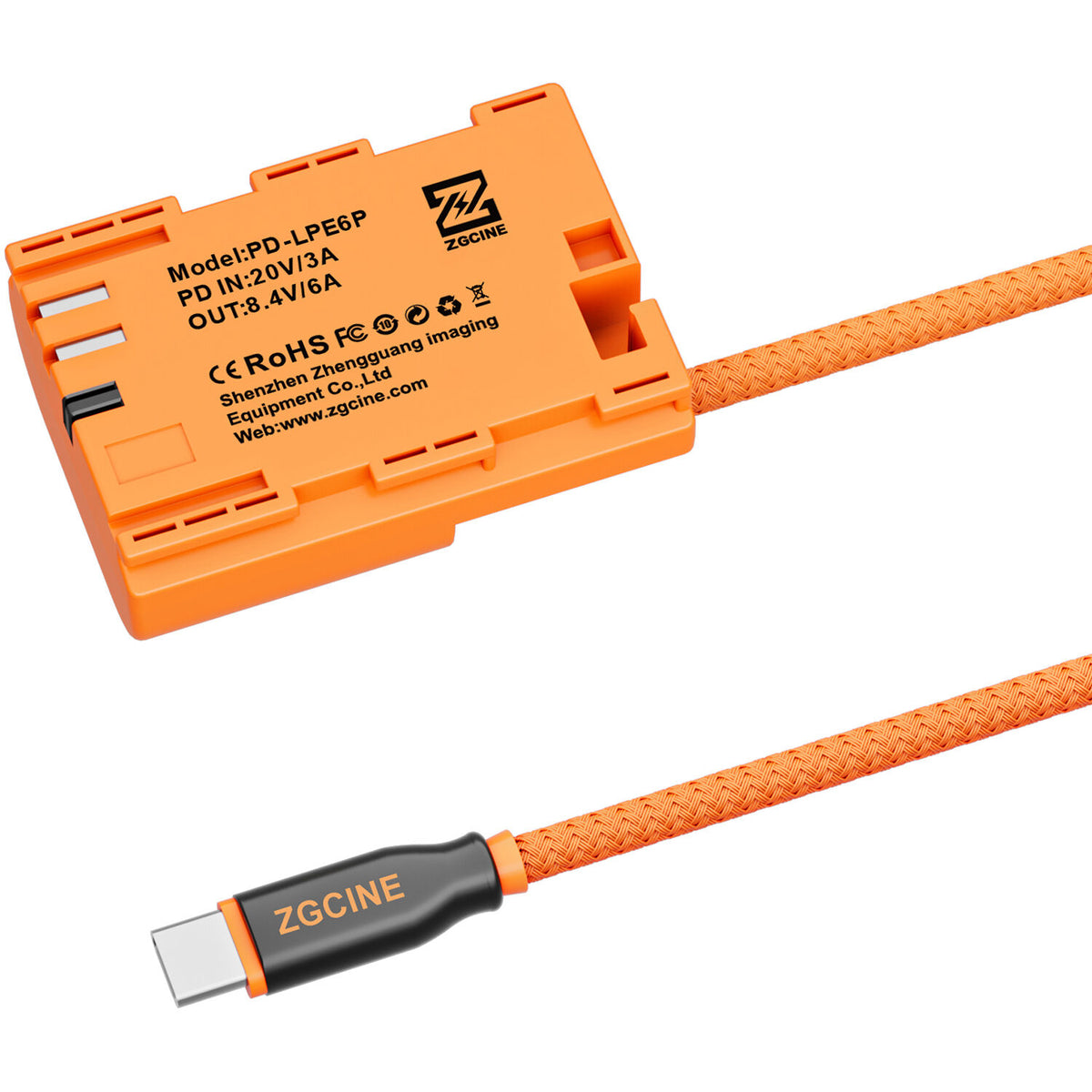 Adaptador de Corriente ZGCINE PD-LPE6P USB-C to LP-E6P Braided Dummy Cable (23.6") - vista trasera