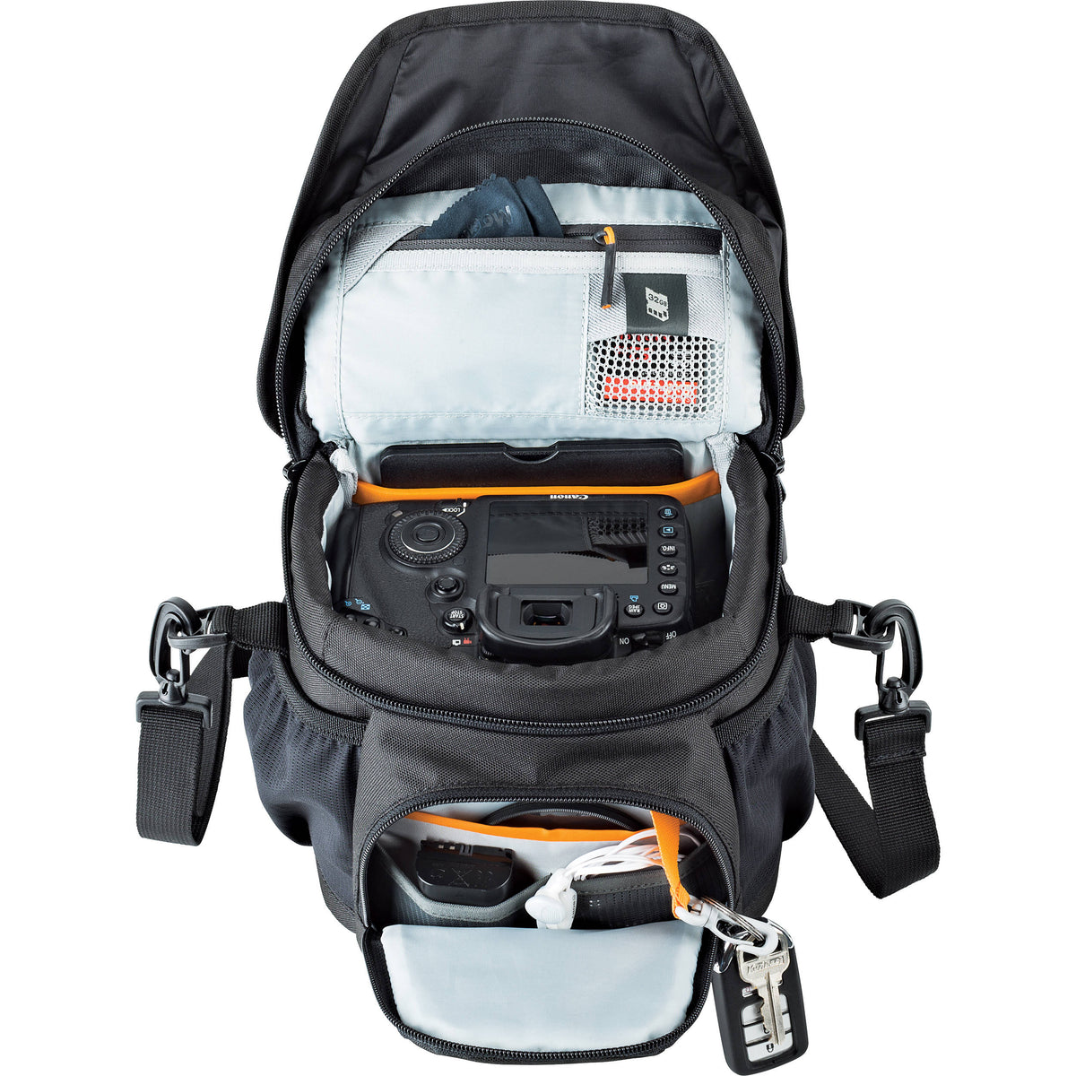 Bandolera Lowepro Nova 140 AW II (Negro) - puertos y conexiones