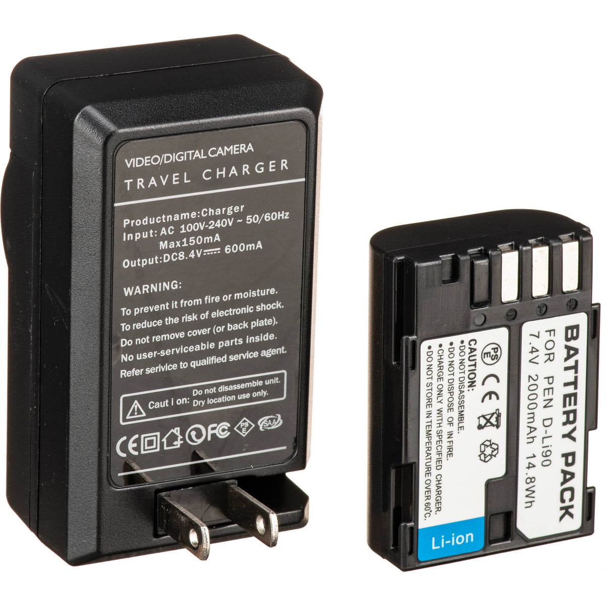 Batería Bescor DLI90E y cargador kit para Select Pentax Cameras - vista frontal