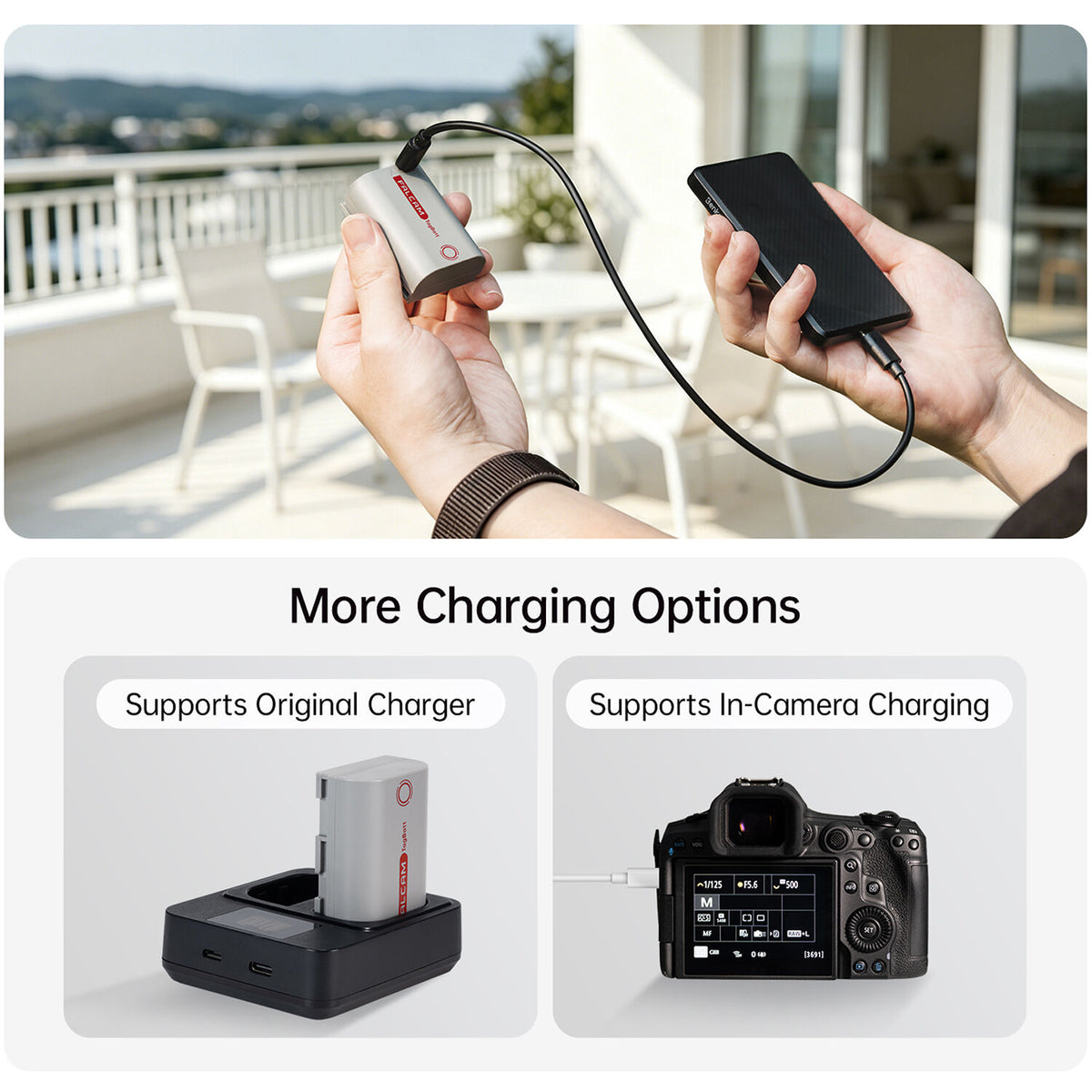 Batería Falcam TagBatt Direct-Charge LP-E6 (2600mAh) - en uso