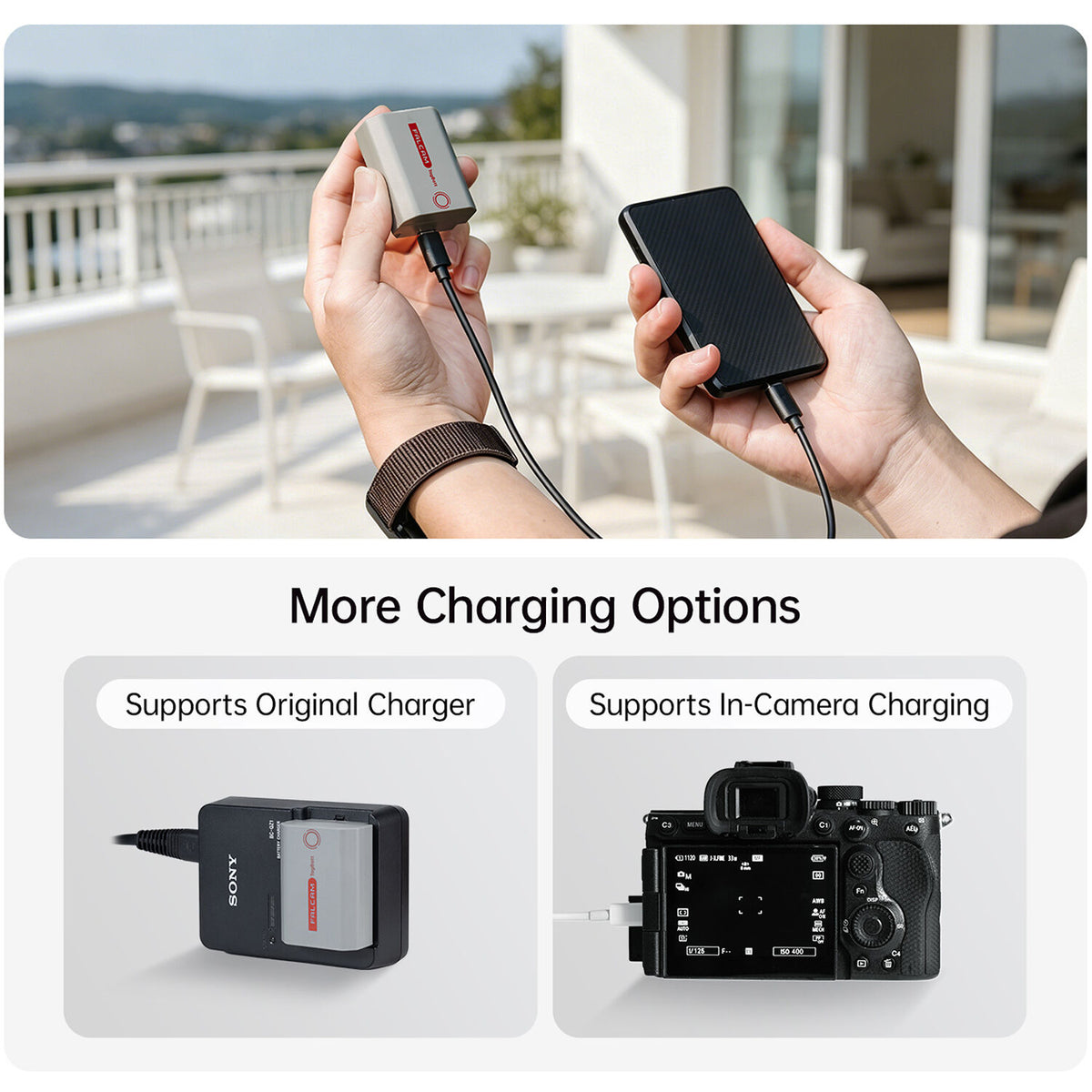 Batería Falcam TagBatt Direct-Charge NP-FZ100 (2600mAh) - en uso