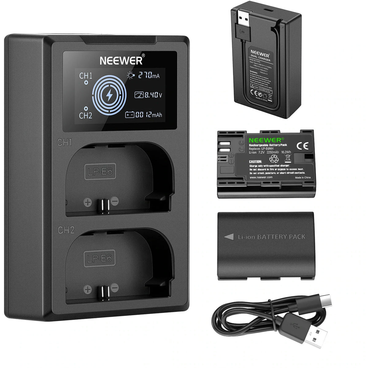 Batería Neewer doble USB cargador con LCD & 2 LP-E6NH 2250mAh - vista principal