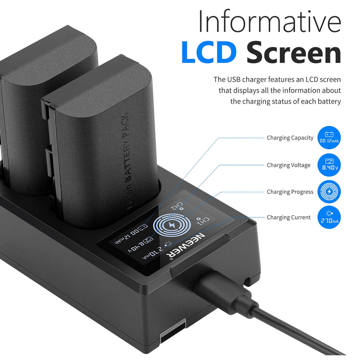 Batería Neewer doble USB cargador con LCD & 2 LP-E6NH 2250mAh - vista trasera