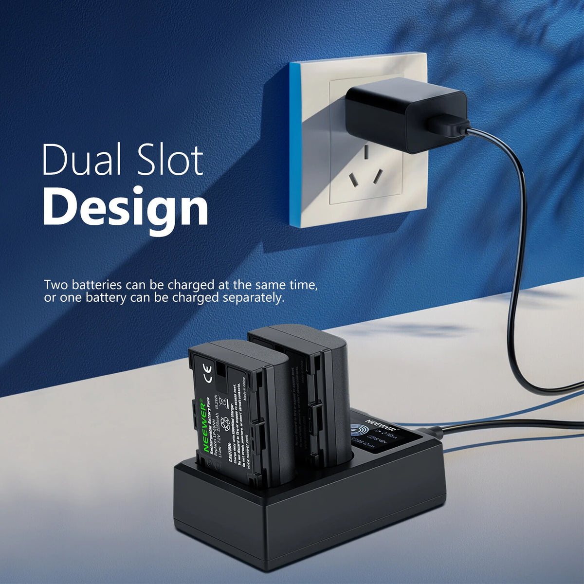 Batería Neewer doble USB cargador con LCD & 2 LP-E6NH 2250mAh - vista lateral
