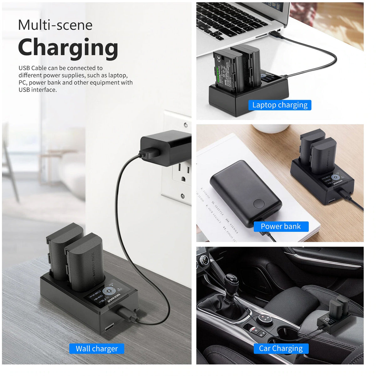 Batería Neewer doble USB cargador con LCD & 2 LP-E6NH 2250mAh - contenido de la caja
