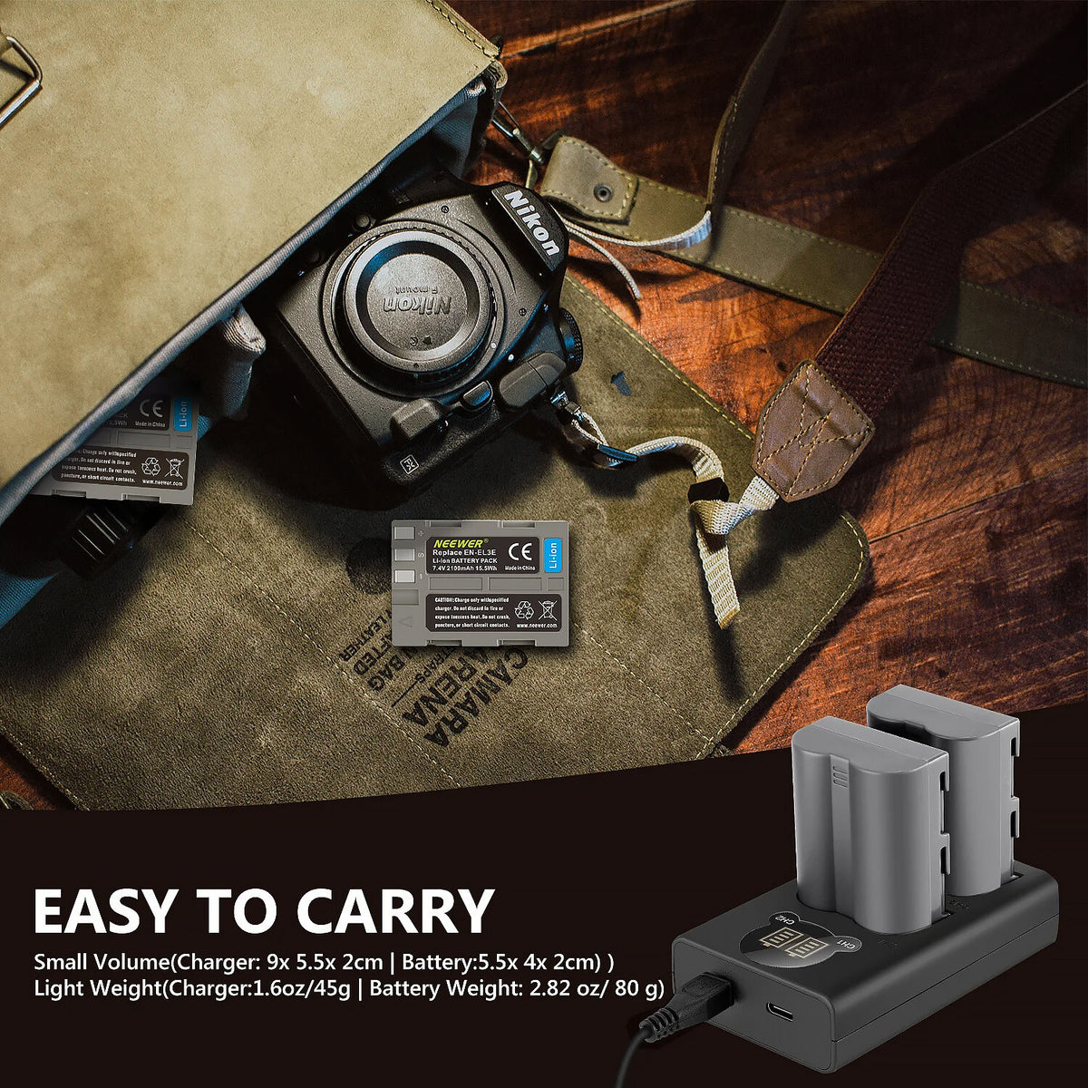 Batería Neewer EN-EL3e Nikon y cargador Set - contenido de la caja