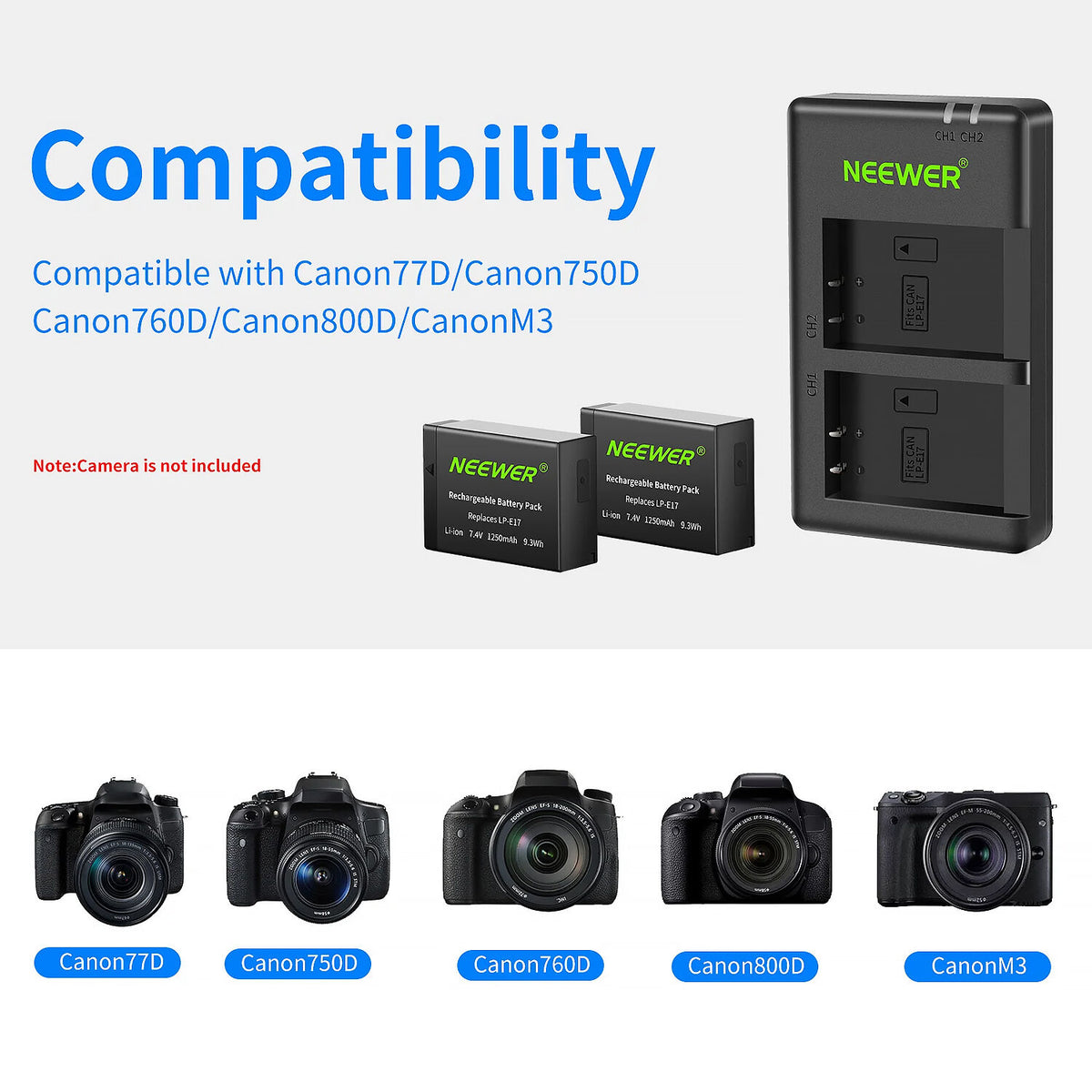 Batería Neewer LP-E17 2-unidades con doble USB cargador (1250mAh) - vista frontal