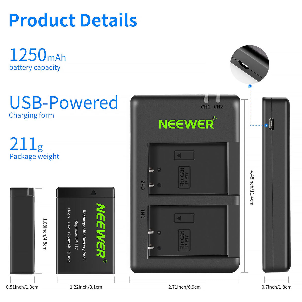 Batería Neewer LP-E17 2-unidades con doble USB cargador (1250mAh) - vista trasera