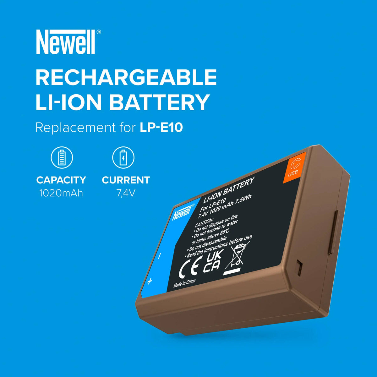 Batería Newell LP-E10 USB-C para Canon (1020mAh) - puertos y conexiones